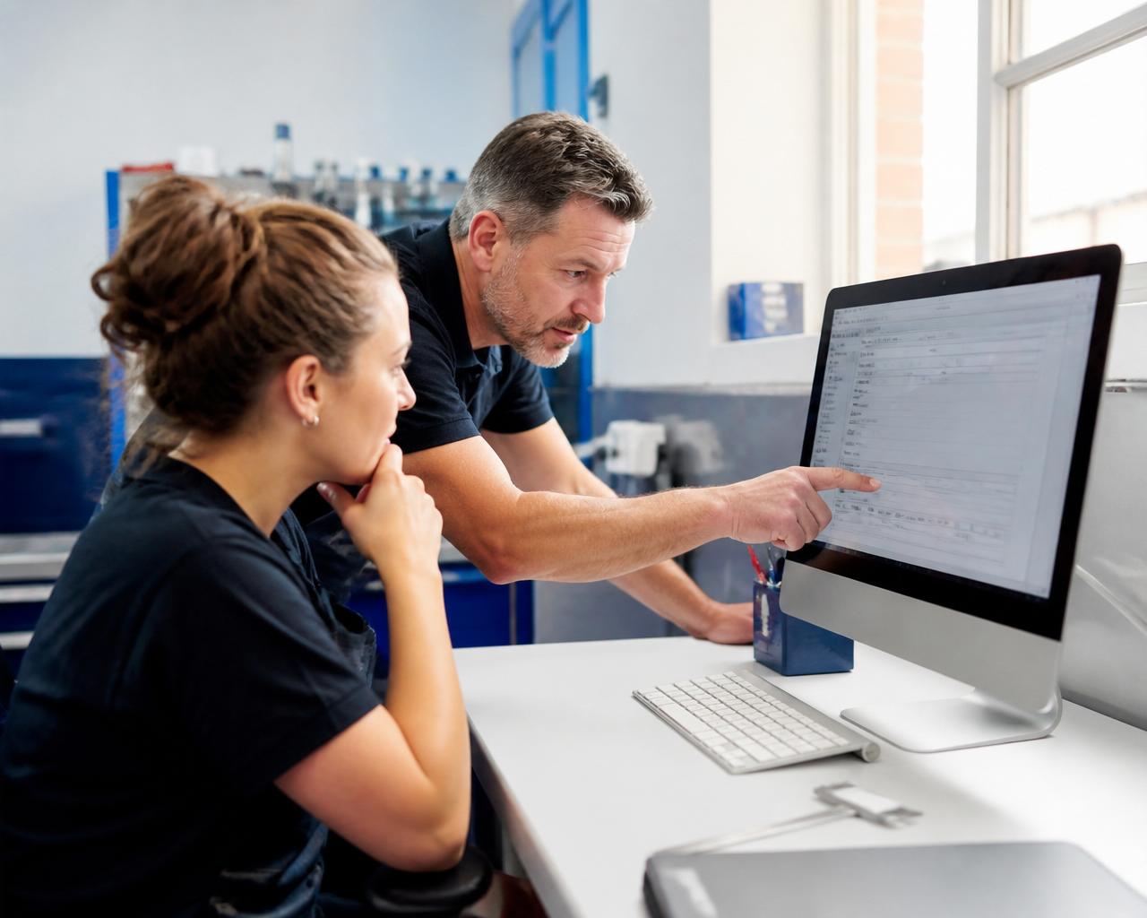 Two colleagues working together at a desktop computer in a workshop