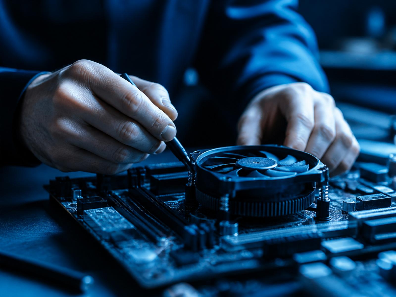 A technician working on an open laptop at a bright workbench