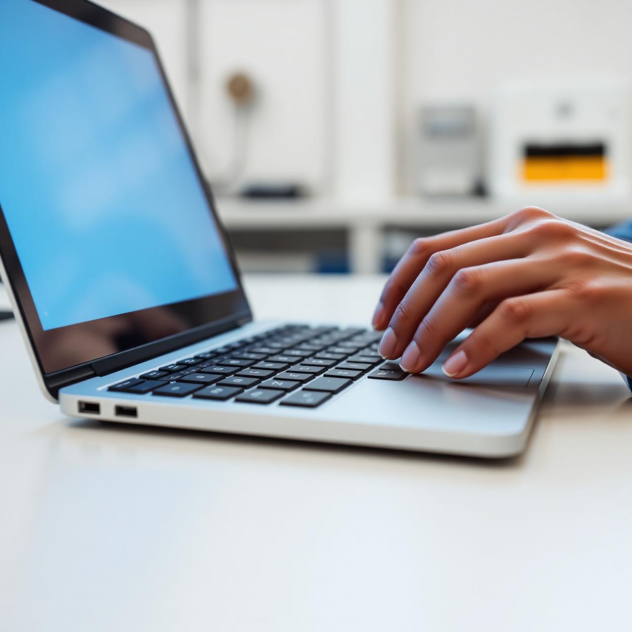 Close-up of a technician's hands working on a laptop at a bright workshop bench