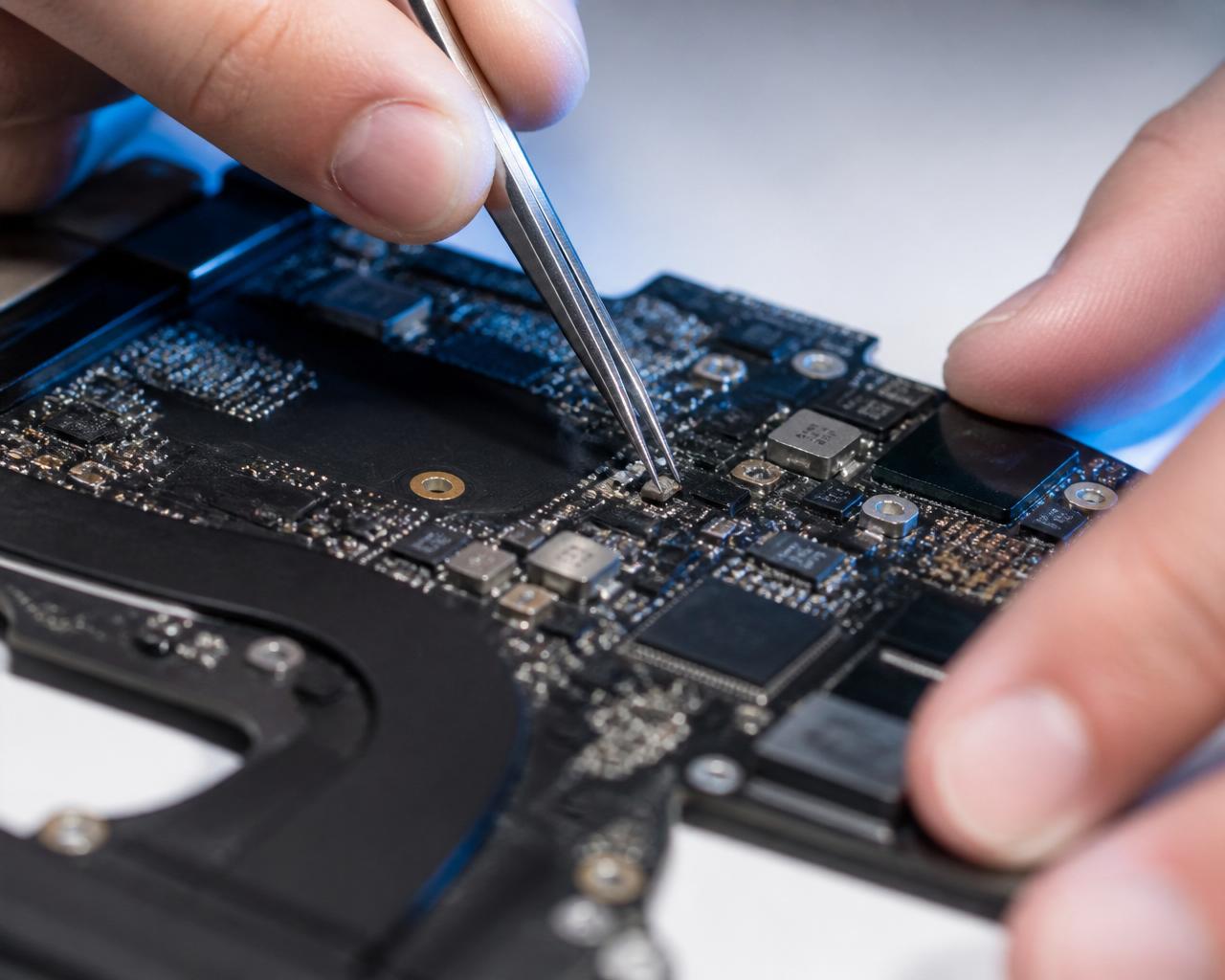 Detail of a repair in progress on a circuit board