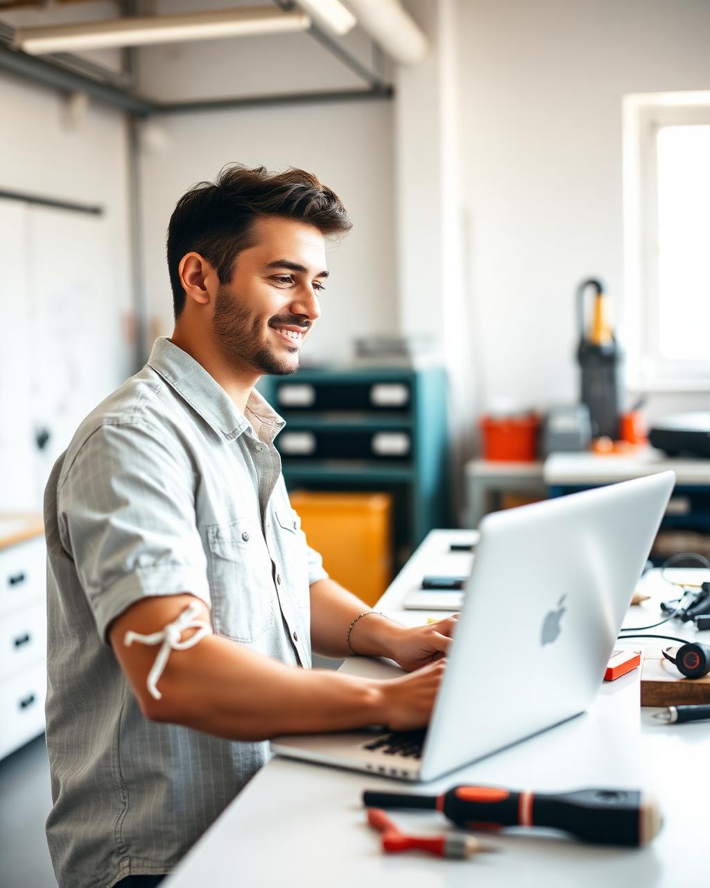 Friendly technician working on a laptop at a bright workshop bench