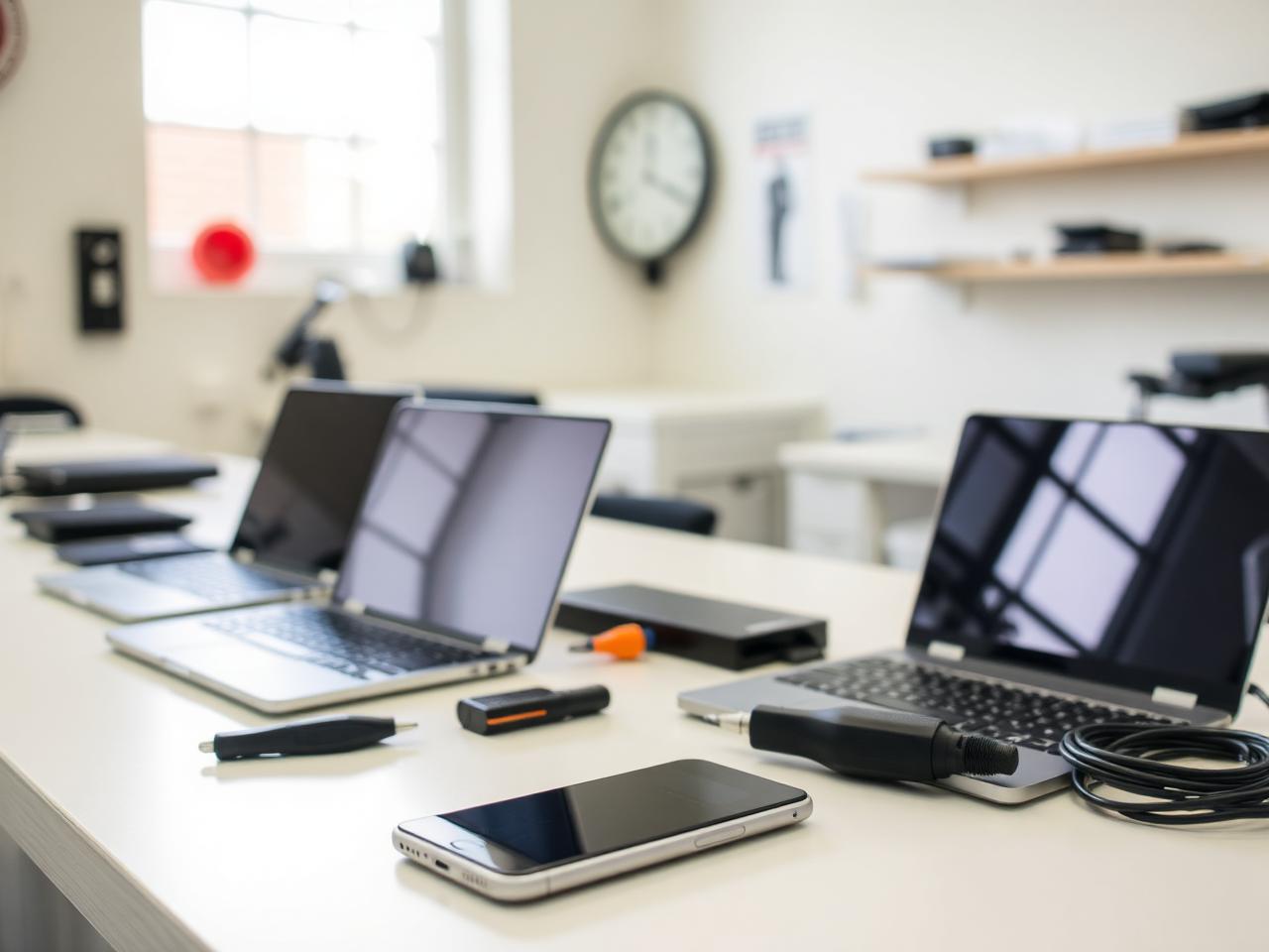 Tidy UK repair workshop counter with laptops and diagnostic tools